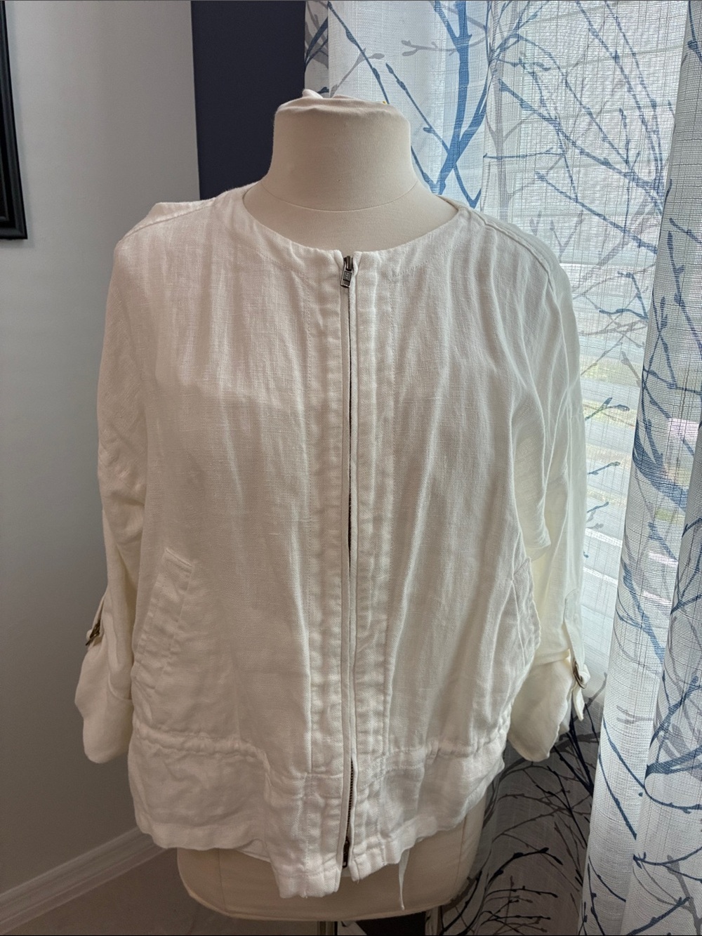 Eileen Fisher Lightweight White Zip-Front Linen Jacket